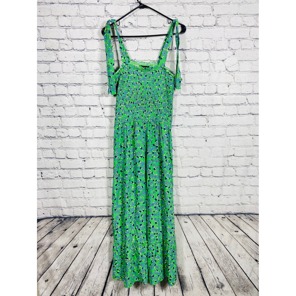 ZESICA Women's XL Green Floral Smocked Tie Shoulder Maxi Dress Excellent